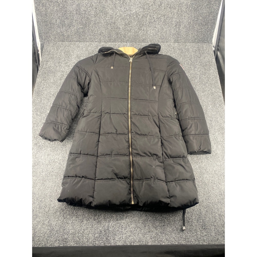 GUESS Quilted Puffer Parka Jacket Women XL Black Hooded Faux Fur Winter Coat